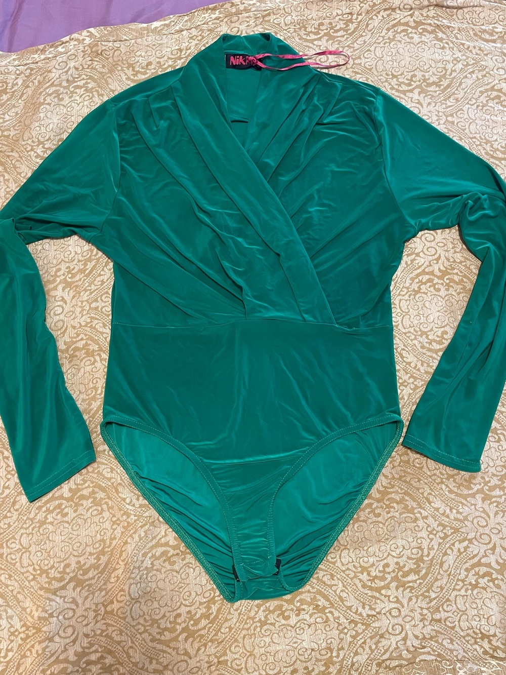 Women's Emerald Green Long Sleeve Surplice Bodysuit